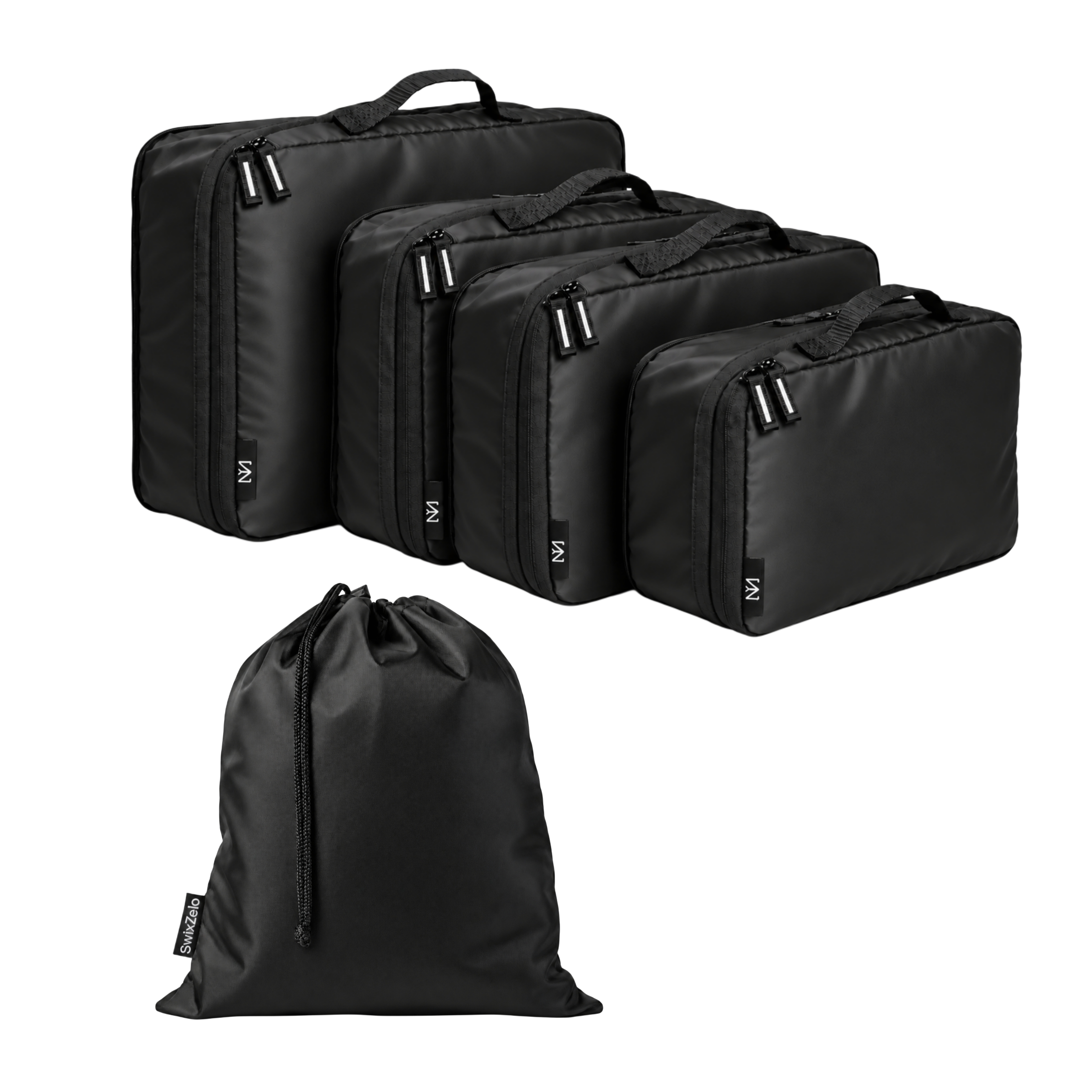 Black SwixZelo compression packing cubes set with drawstring bag